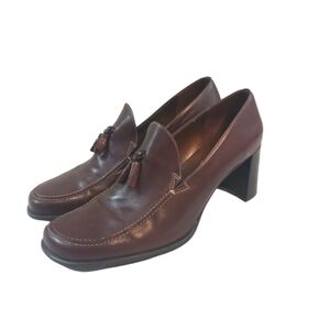 Franco Sarto Chocolate Brown Leather Heeled Tassled Loafers